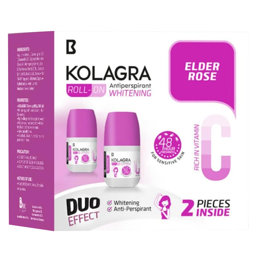 Kolagra 48H Antiperspirant Whitening Roll-On Deodorants Elder Rose Scent with Vitamin C for Sensitive Skin - alcohol free, aluminum salts free, parabens free