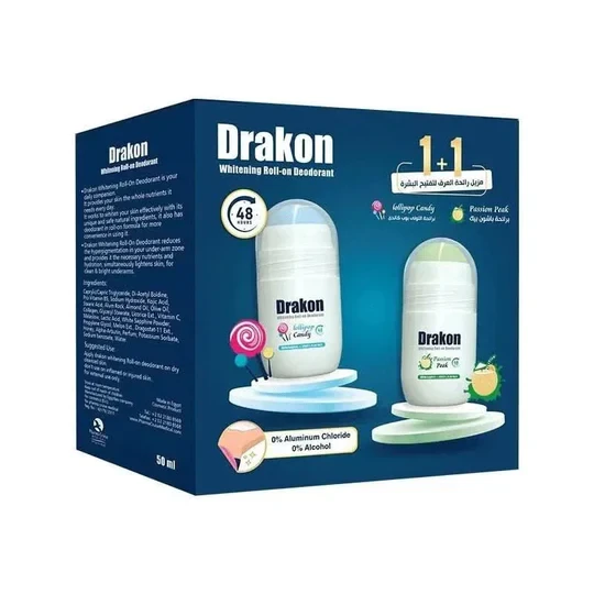 Drakon Whitening 48H Roll-On Deodorants Lollipop Candy Scent (50ml) & Passion Peak Scent (50ml) for Women (1+1 Free) - alcohol free, aluminum chloride free